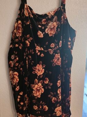 Women's Mini Black Velvet Mini Dress with Orange Floral Print